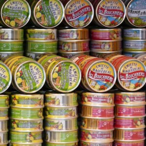 canned goods, cans, canned food, finished products, meal, tin can, fish, can, shelf, food, supermarket, sardines, potted, rifle, nature, packaging